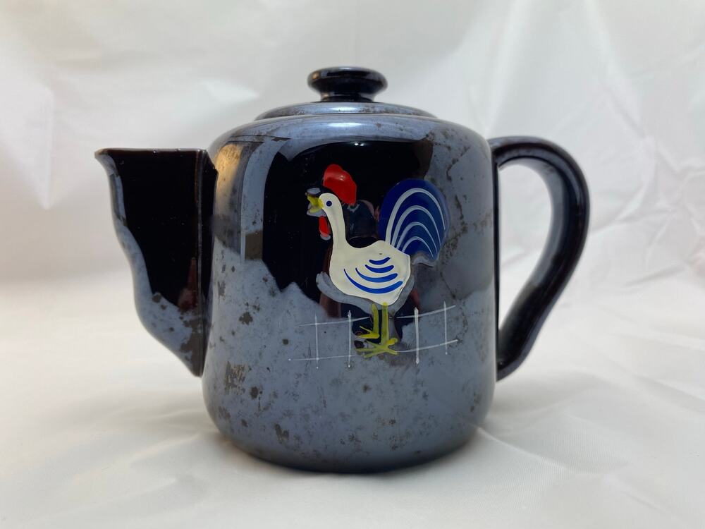Vintage Japanese Redware Rooster Teapot Lusterware Black Blue Mid Century Retro